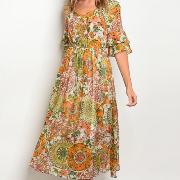 HP🎊09/06🎊JULIE Orange green floral midi dress - Picture 2 of 4